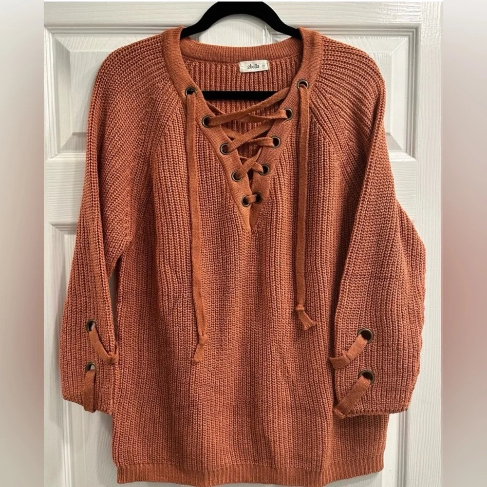 2Bella Oversized Rust/Burnt Orange Lace Up Knit Sweater